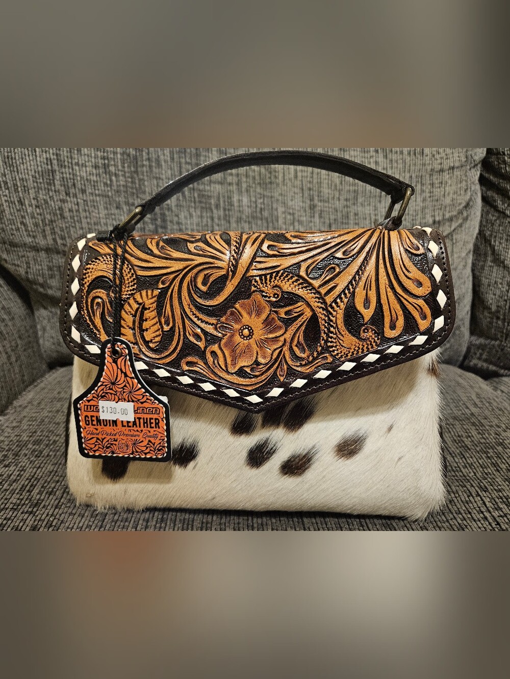 Hand-Tooled Floral Leather and Cowhide Shoulder Bag - Black & Tan